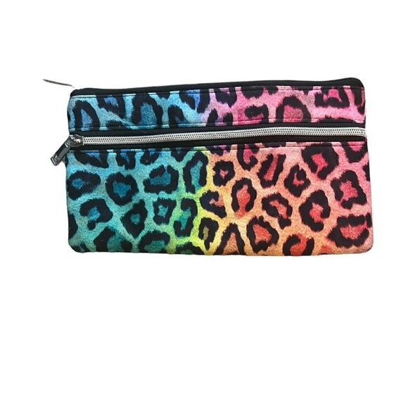 NWOT Colourful Leopard Print Double Pocket Make Up Bag - Picture 1 of 7